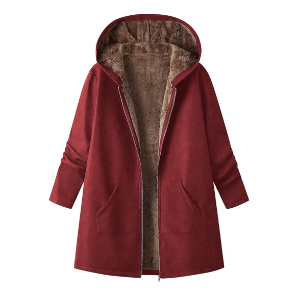 yardsong Shearling Zip - up Women's Sherpa Jacket Casual Fleece Hooded Faux Suede Winter Warm Coat with Pockets Red,XL