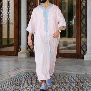 Fridja Men's Muslim Thobe Short Sleeves Robe Vintage Ethnic Style Print V Neck Long Night Gown Shirt Loungewear(Pink,L)(Pink,L)