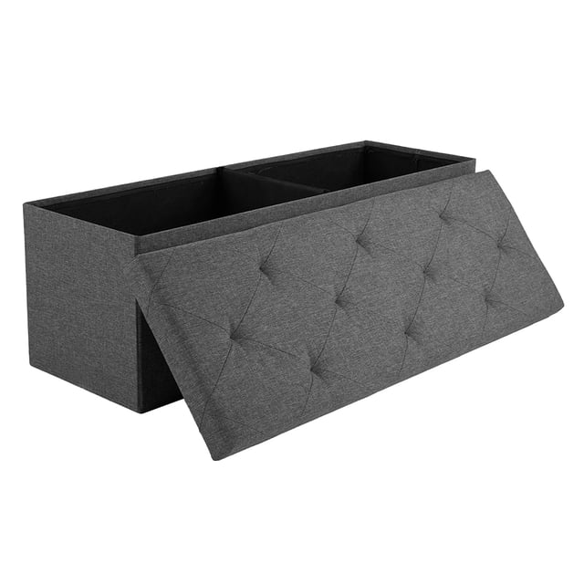 EDX 43" Storage Ottoman in grey linen fabric with a tufted lid, shown open to reveal a spacious interior with a center divider. This foldable, multi-functional footrest has a 660lbs load capacity and measures 15"D x 15"H x 43"W, offering 35 gallons (154L) of storage space. Suitable for use as a toy box, end-of-bed bench, footrest, or small coffee table.