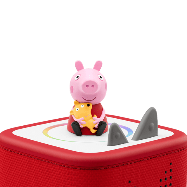 Tonies Français - sur la Route avec Peppa Pig figurine Montrant Peppa Pig Rose Tenant un Jouet Jaune, Assis sur une Toniebox Rouge et Blanche Lecteur audio avec Côtés en Tissu et Oreilles de Contrôle Grises, Conçu pour le Jeu Éducatif en Français Sans Écran pour Enfants de 3 Ans et Plus.