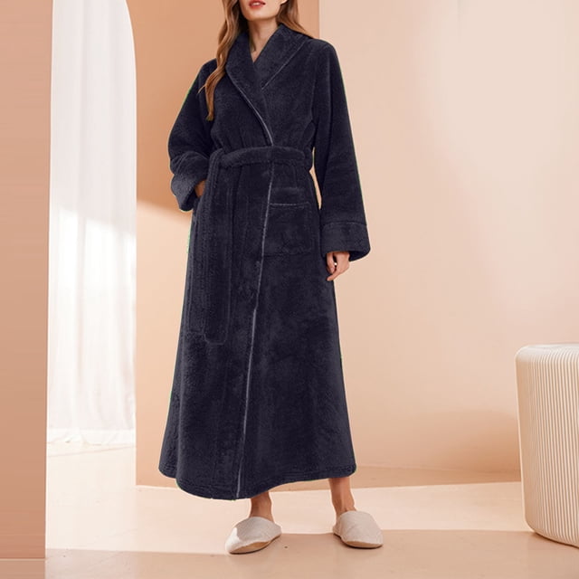 RXIRUCGD Peignoir Long pour Femme à Col Épaissi, Col Confortable, Robe de Nuit, Tenue d'Intérieur ( Marine, Taille : 3TG )