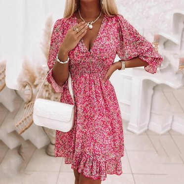Fankiway Liquidation Robes à Manches Longues Mode Femmes Été Décontracté Col en V Imprimé Floral Manches 3/4 Robe Ample Robes pour Femmes Grande Taille Liquidation