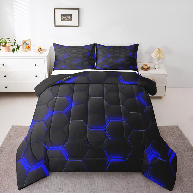 Ensembles de Douillette à Imprimé Nid d'Abeilles Bleu pour Garçons Filles, Literie Géométrie Format Double, Ensembles de Douillette Ruche Géométrique Modernes Abstraits à Carreaux, Couette avec Insert, Motif Hexagonal, Courtepointe 3 Pcs