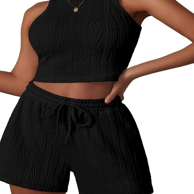 Ladies Shorts Set Sleeveless Crew Neck Top with Matching Solid Shorts