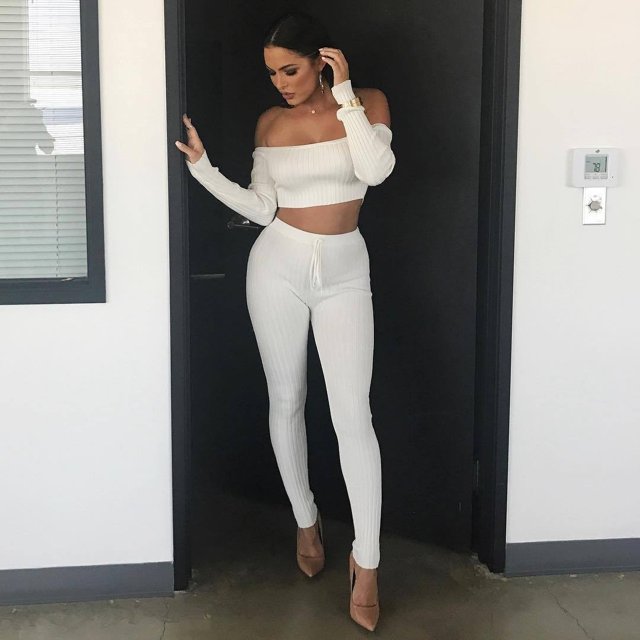 Mode 2PCS Femmes hors Épaule Crop Tops + Pantalon Fendue Tenue Décontractée Vêtements de Sport
