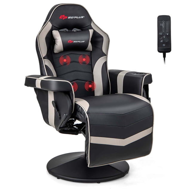 Goplus Massage Gaming Recliner Height Adjustable Racing Swivel Chair with Cup Holder in grey. Designed for gaming and relaxation, it features a reclining backrest adjustable from 110° to 130°, retractable footrest, removable headrest, and ergonomic armrests. Includes four massage points for back and waist, eight massage modes, and a controller for strength and timing settings. Made with durable PU leather and sponge padding for comfort. Ideal for gaming, office use, or relaxation, with a side pocket and cup holder for added convenience.