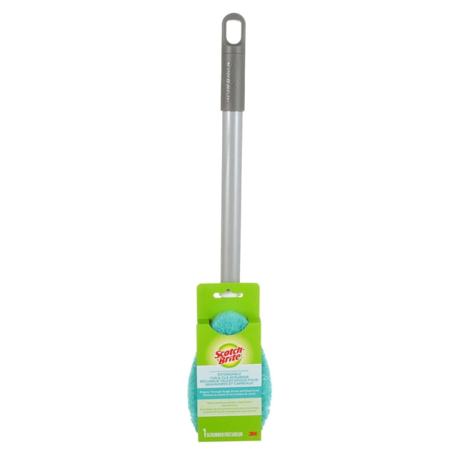Scotch-Brite® Non-Scratch Extendable Tub and Tile Scrubber with a silver extendable handle and blue non-scratch scrubber pad, featuring a gray hanging loop and green packaging, designed to clean soap scum, limescale, and grime on tubs and tiles without scratching, ideal for reaching high or awkward spots.