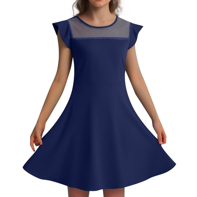 Robes d'Été Décontractées pour Filles Robe de Fête pour Enfants Manches à Volants en Maille Design en Ligne avec Poches pour 4 à 11 Ans