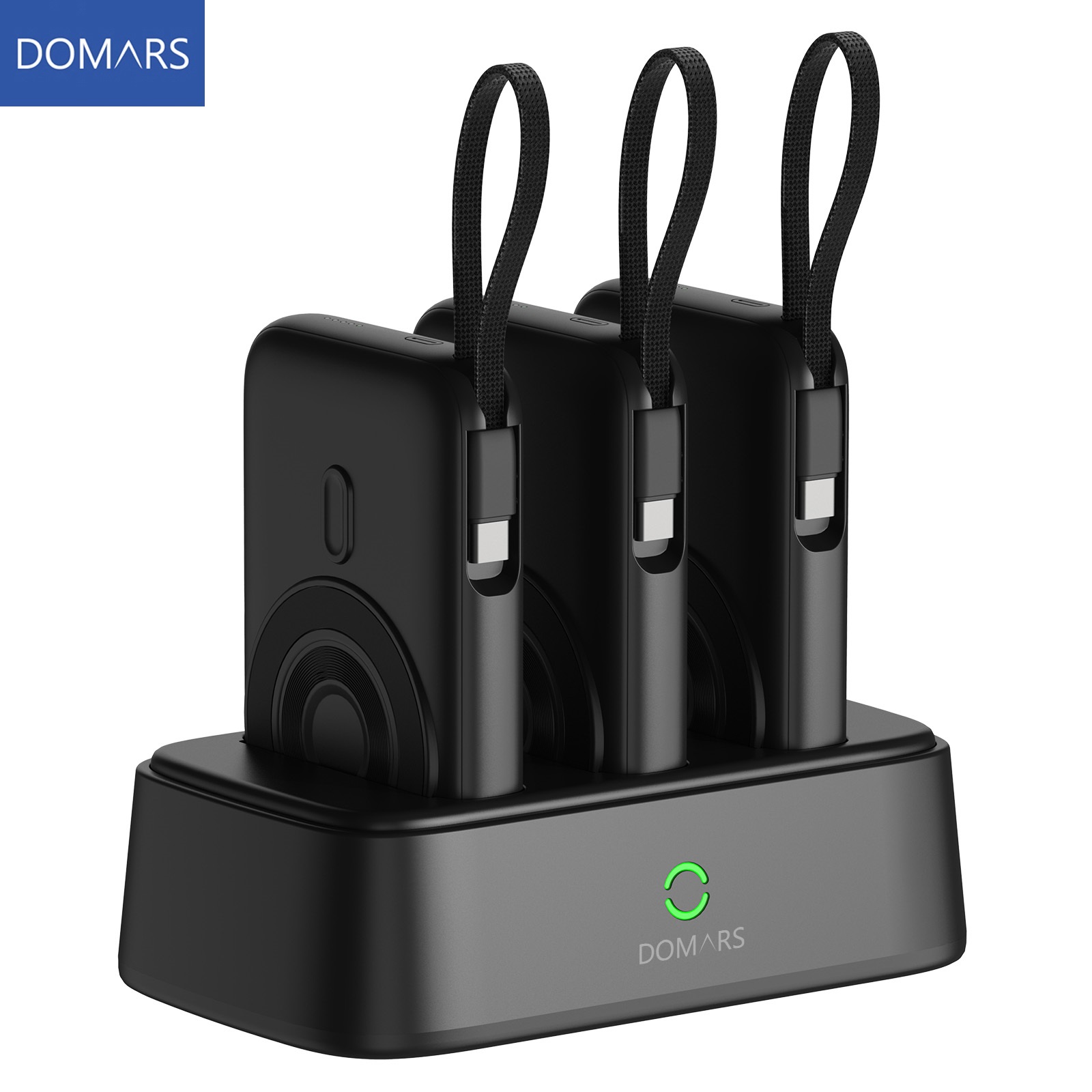 Domars 3pcs 10000mAh Magnetic Power Bank Set, 22.5W Fast Charging Portable Charger with Charging Base, Built-in Type-C & Lightning Cable, Strong Magnetic Adsorption for Home Office Travel
