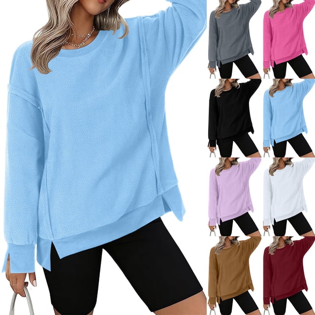 Horkkom Chandails à Col Rond pour Femmes, Veste en Molleton Décontractée, Chandail à Enfiler à Col Rond, Blouse Duveteuse, Hauts à Manches Longues, Chaud, Épais, Manteaux d'Automne et d'Hiver, Chandail