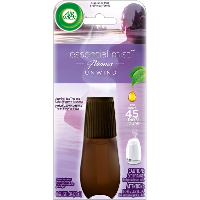 Air Wick Essential Mist Aroma Fragrance Oil Diffuser Refill Unwind in 20mL brown bottle with black ribbed cap, scented with Jasmine, Tea Tree, and Lotus Blossom, delivers up to 45 days of fragrance on low setting, no water or cleaning required, includes eye irritant warning.