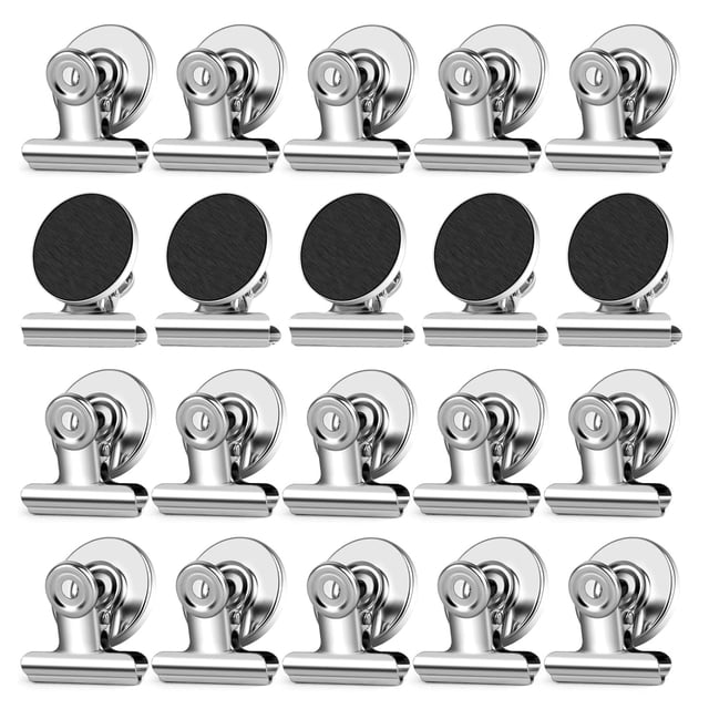 20 Pack Magnetic Clips for Refrigerator by RIFESHOW, featuring heavy-duty stainless steel construction with a smooth, scratch-free finish. Each clip measures 1.2 inches wide and can hold up to 1 lb, ideal for organizing notes, photos, calendars, and schedules. Designed for use on refrigerators, whiteboards, file cabinets, and other metallic surfaces. Includes 20 multicolor magnetic bulldog clips.