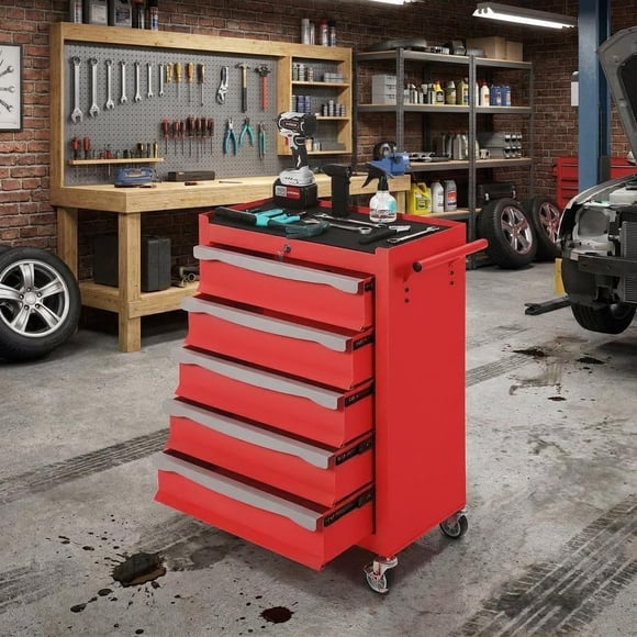 5-Drawer Red Rolling Tool Chest with Lock, Tool Cabinet on Wheels for Garage Workshop