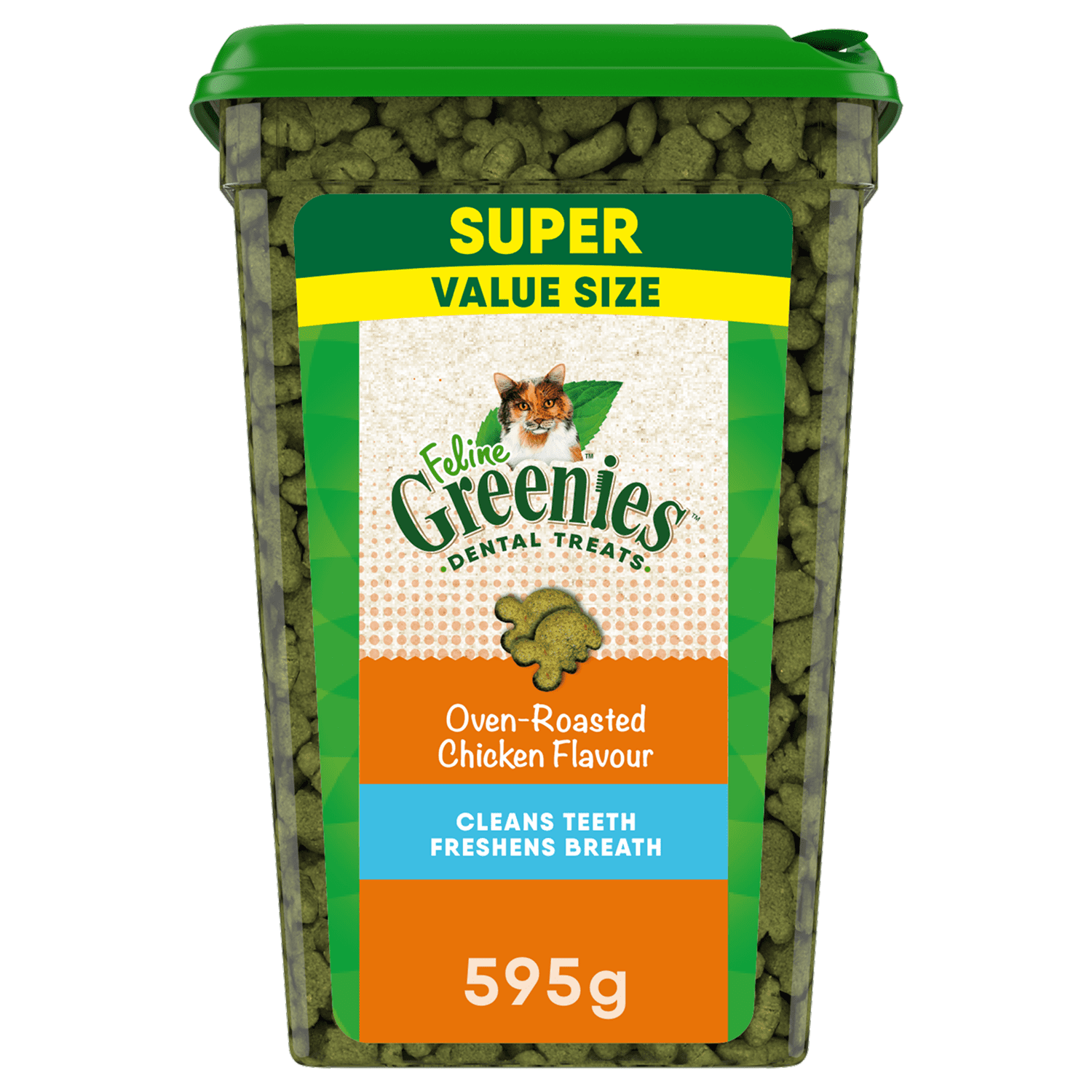 Gâteries dentaires pour chats adultes FELINE GREENIES saveur de poulet rôti au four en format très économique, contenant de 595 g (21 oz)