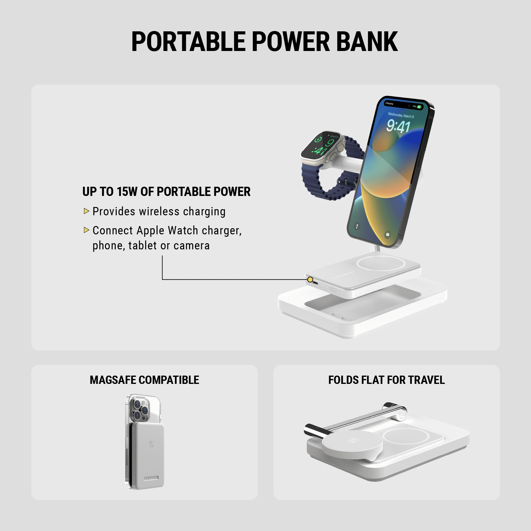 Sco Poste de recharge sans fil magnetique 3-en-1 avec chargeur mobile amovible