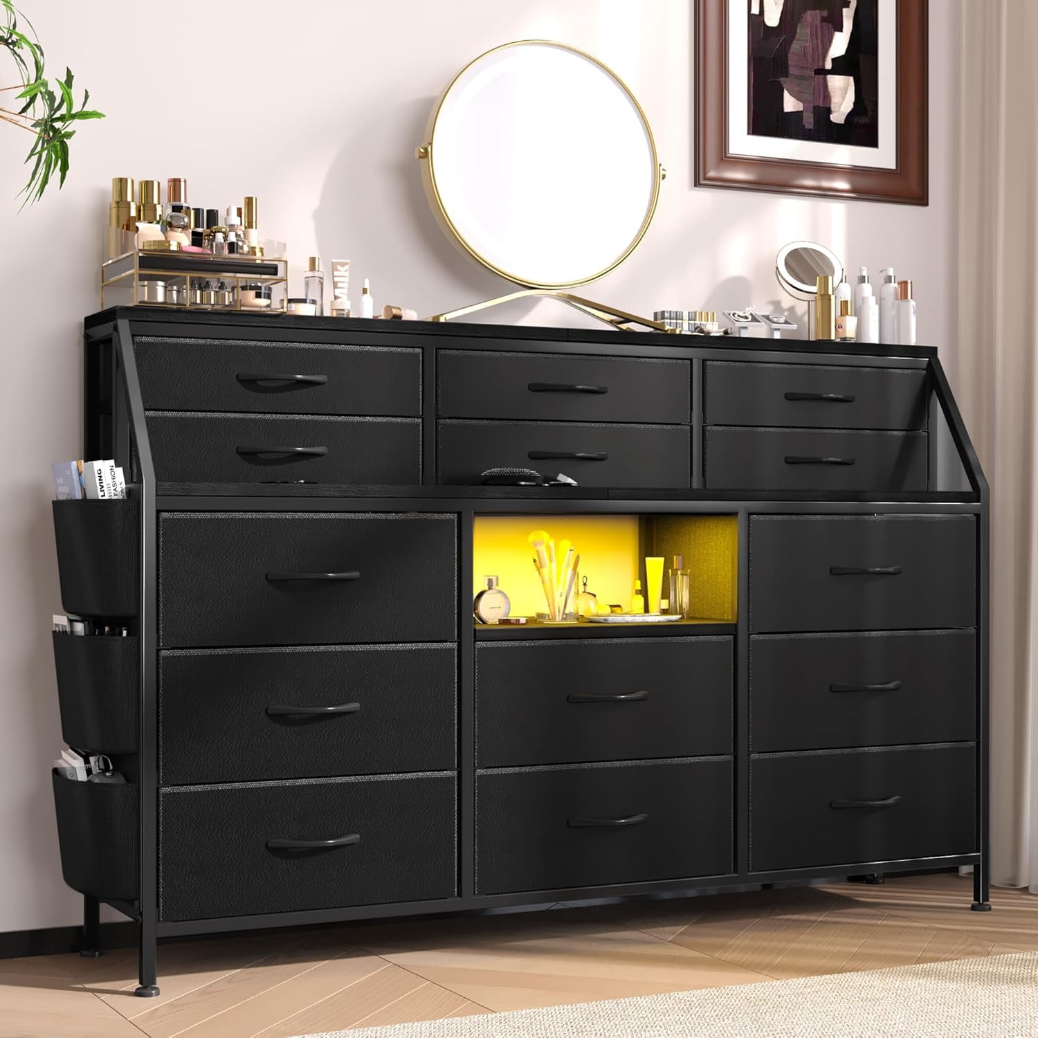 2015 New Dresser for Bedroom with 14 Drawers, 55" W Dresser with Side Pocket, Fabric Dressers & Chests of Drawers with Shelves