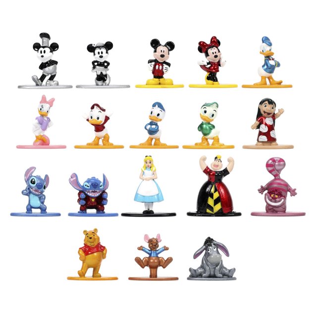 Jada Toys Nano Metal Figs 18 Pack - Disney featuring 18 detailed diecast figures of classic Disney characters including Mickey Mouse, Minnie Mouse, Donald Duck, Daisy Duck, Huey, Dewey, Louie, Lilo, Stitch, Alice, Queen of Hearts, Cheshire Cat, Winnie the Pooh, Roo, and Eeyore, each approximately 1-2/3 inches tall on colored bases, ideal for collectors and Disney fans.