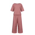 thumbnail image 4 of CHOK Femmes 2 Pièce Tenue Lin Récolte Manches Courtes Haut Salon Ensembles Assortis et Pantalons Longs Survêtements Rose Chaud L, 4 of 5
