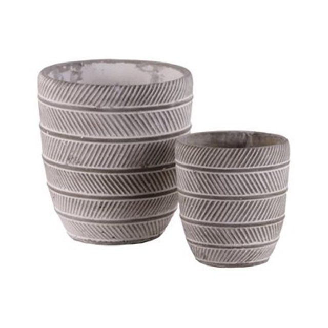 Urban Trends Collection 56003 Cement Round Pot with Alternate Parrallel Lines Design Body & Tapered Bottom, Washed Concrete Finish, Gray - Set of 2