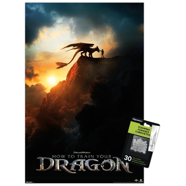 How To Train Your Dragon (2025) - Affiche Murale Teaser en une Feuille Représentant une silhouette de Dragon et de Personne au Sommet d'Un Pic Rocheux au Coucher du Soleil avec des Nuages Dramatiques, Imprimée sur Papier d'Art photo Brillant, Comprend 30 Épingles Transparentes à Pousser pour une Suspension Facile, Convient à la Décoration Murale de Chambre Ou de Bureau.