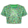 thumbnail image 3 of Haitryli T-Shirt Court à Manches Courtes pour Filles, Imprimé Coloré, Métallique Brillant, Col Rond, Costume pour Danse et Spectacle, Vert 140, 3 of 7
