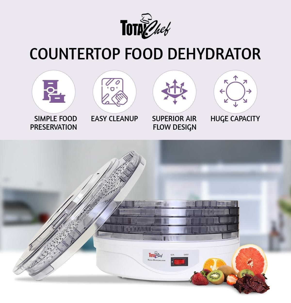 Total Chef Countertop Food Dehydrator with 5 Trays, Compact & Energy-Efficient Dehydration for Fruits & Snacks