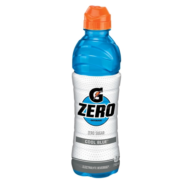 Gatorade Zero Cool Blue Electrolyte Beverage 710 mL bottle with blue liquid and orange sports cap, featuring a white label with G Zero branding, zero sugar, and electrolyte beverage text, ideal for rehydrating and replenishing electrolytes during sports.