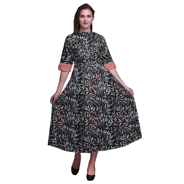 Bimba Robe à Manches Retroussables Imprimée Florale pour Femmes Col Mandarin Chemise Boutonnée-Petite