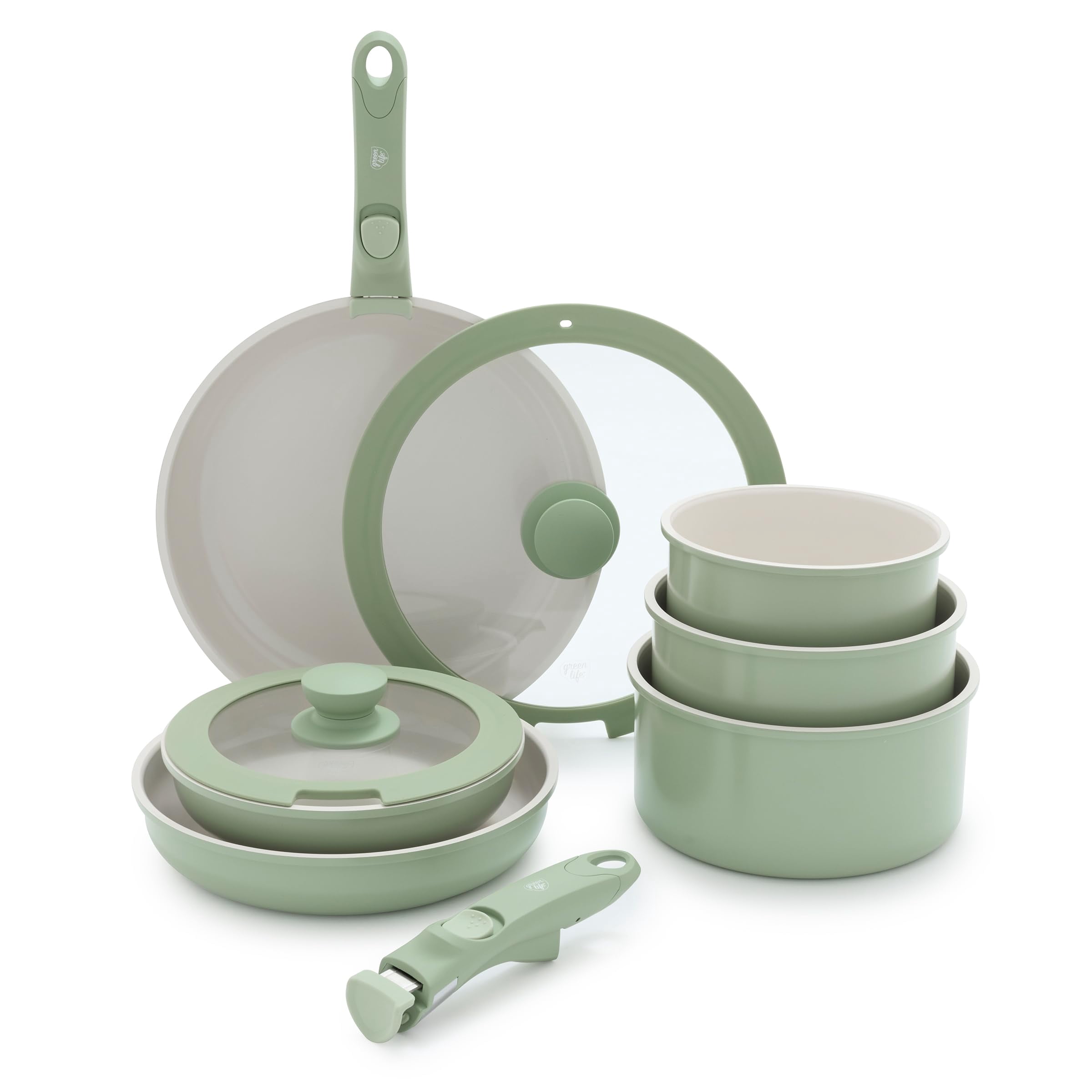 GreenLife 10 Piece Nonstick Pots & Pans Set Detachable Handle & Stackable Cookware Set Non Toxic PFAS-Free Skillets Induction Kitchen Pans Space Saving Serving Bowls Oven Safe Sage Green