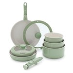 GreenLife 10 Pots antiadhésifs en pièces & Pans ensemble poignée amovible & Ensemble d'articles de cuisine empilables non toxiques sans PFAS Space Sauver les bols de service Four Safe Sage Green