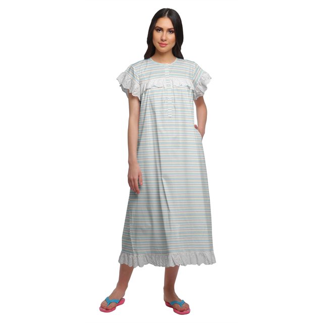 Moomaya Chemise de Nuit Imprimée pour Femme Mi-Mollet en Coton à Manches Courtes