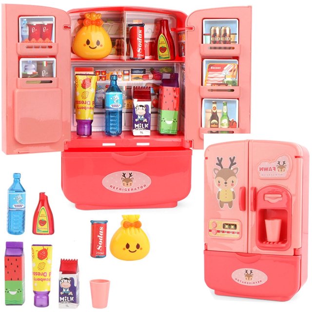 YOPTOP Mini Fridge Toy Set with Accessories Kitchen Furniture Food Toys Pretend Play Kitchen Toy for Kids