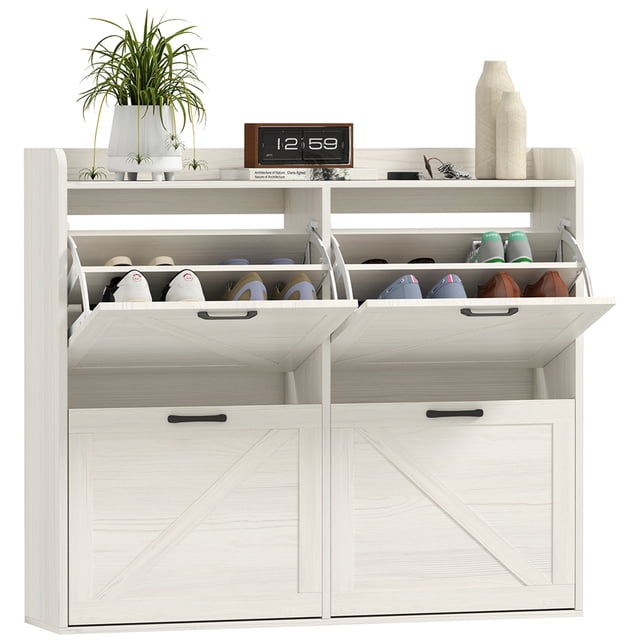 HOMCOM 4 Flip Drawer Shoe Cabinet, Slim Shoe Storage Cabinet, White Oak