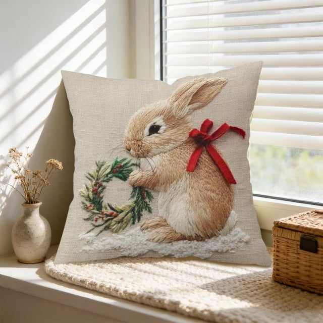EGNMCR Simples Series Easter Pillow Cover Cute Rabbits Printed Sofa Cushion Cover Holiday Decoration Flock pillowcase