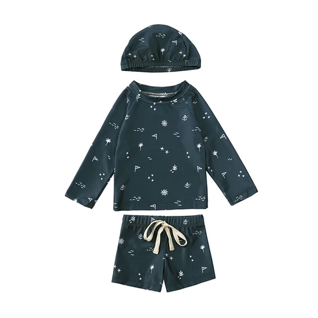 Hiiyo Toddler Boys 3Pcs Swimsuit Long Sleeve Rash Guard Shorts Hat Quick Dry Bathing Suit