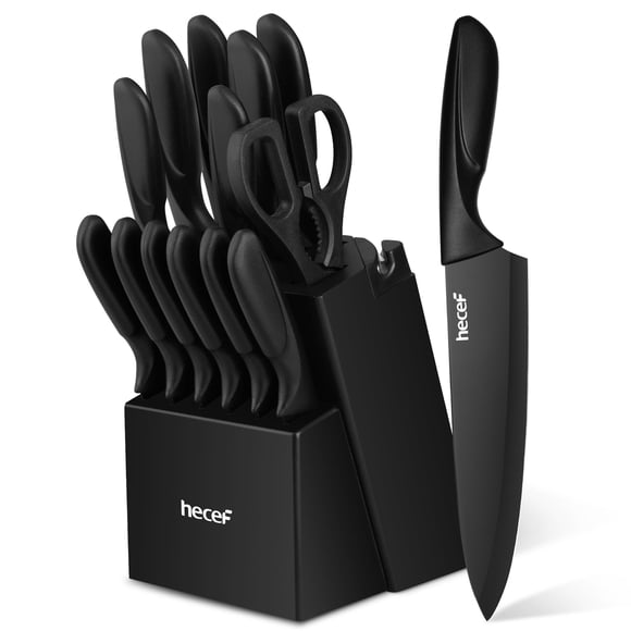 Hecef 15-Piece Kitchen  Knife Block Set,  Dishwasher Safe Stainless Steel Cutlery