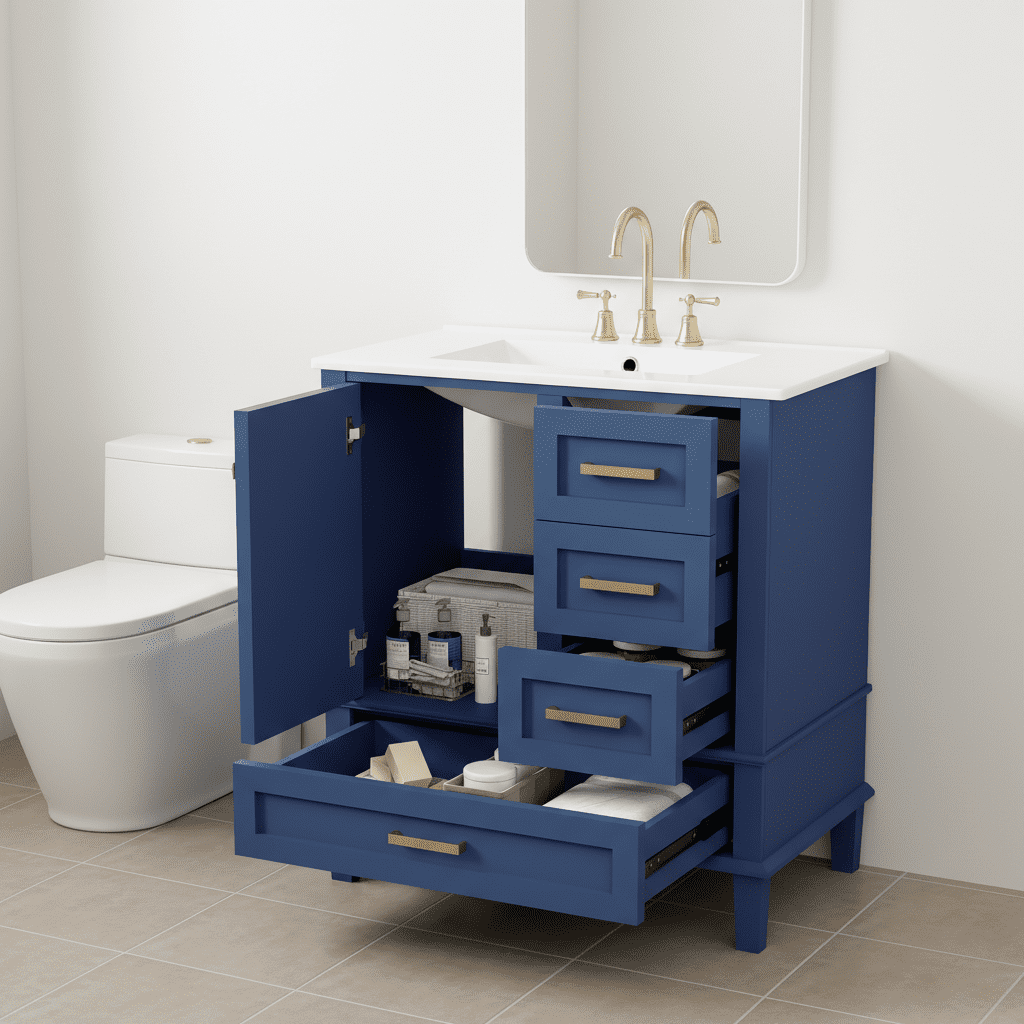 Homy Casa 30 Inch Modern Blue Bathroom Vanity Cabinet Set with Ceramic Basin, Solid Wood Frame, Soft-Close Door & Drawers