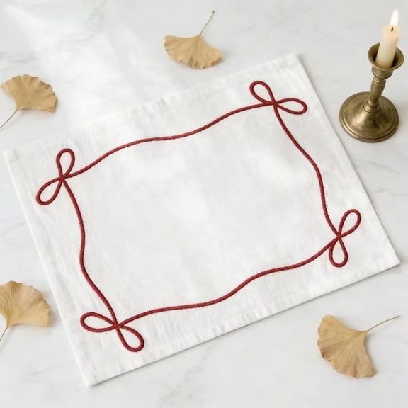 Sets de Table en Lin avec Nœud Brodé - Décoration de Table en Lin et Coton, Couverts Festifs pour Dîner, Infroissables et Absorbants, Rouge, JKODE