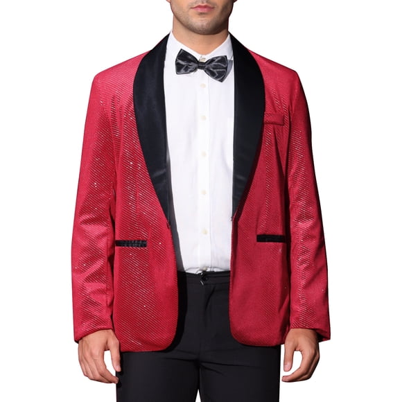 INSPIRE CHIC Men's Suit Jacket Shawl Lapel One Button Metallic Shining Fabric Blazers M Burgundy