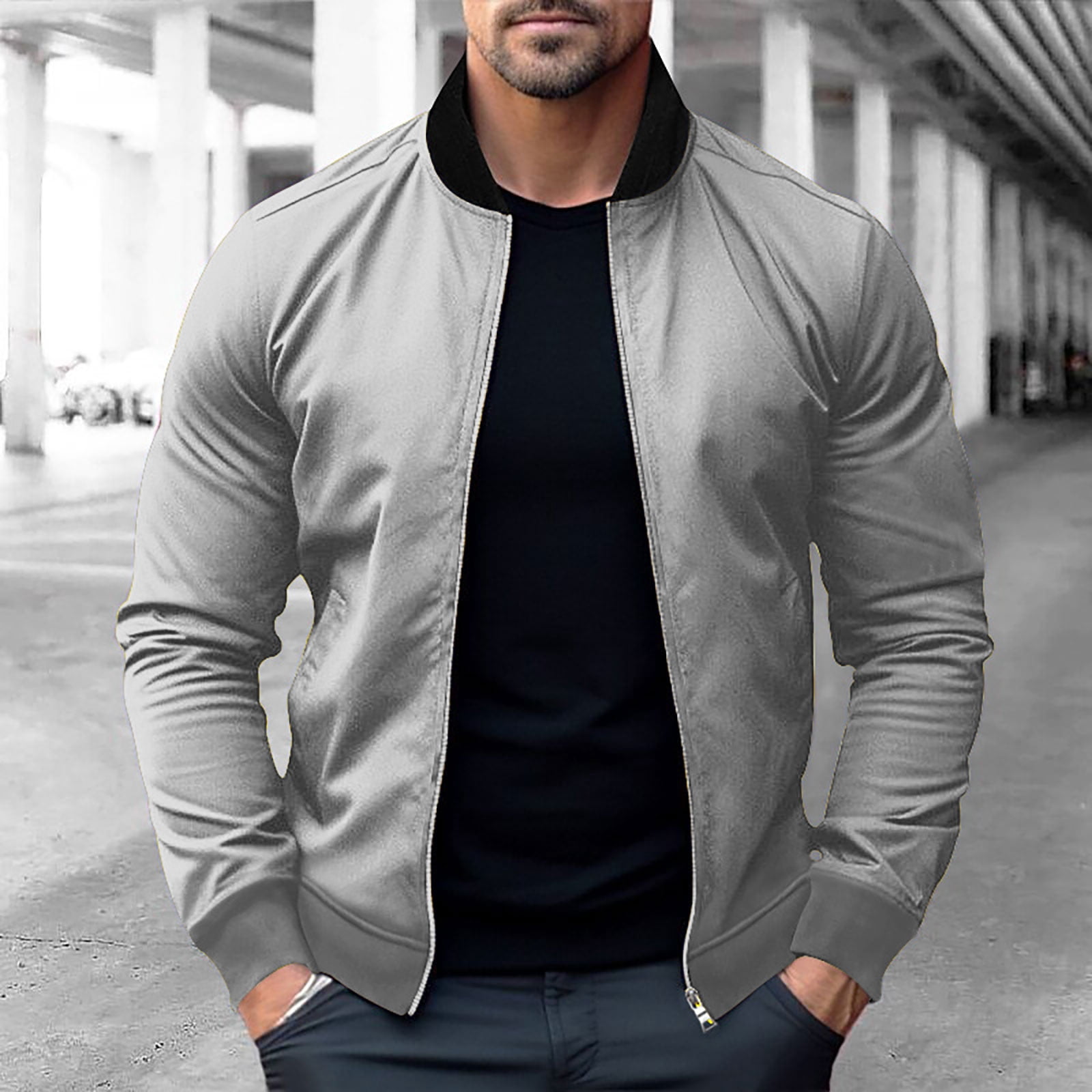 WRKEKC Jackets for Men No Hood Elastic Short Stand Collar Zipper