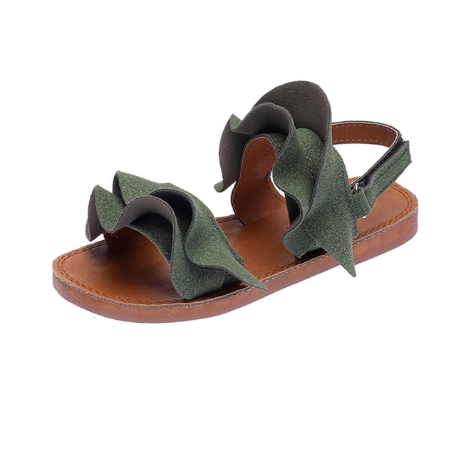 GiLiling Girls Sandals, Open-Toe Summer Shoes with Ruffle Straps Adjustable Ankle Closure, Non-Slip TPR Sole for Casual Fashion Wear (Green, 5-5.5 Years)