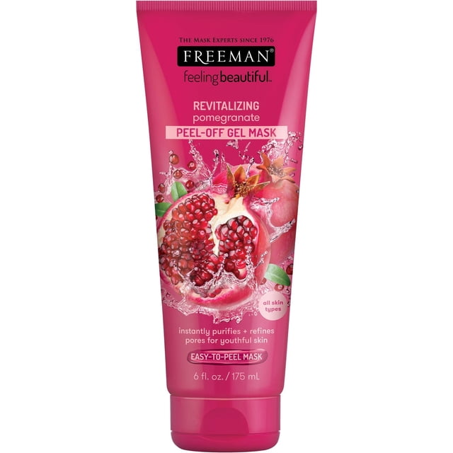 Freeman Feeling Beautiful Pomegranate Revealing Peel-Off Mask in a 6 fl. oz. (175 mL) pink tube featuring pomegranate fruit and water splash graphics, designed for all skin types to purify and refine pores for youthful skin with an easy-to-peel gel formula.