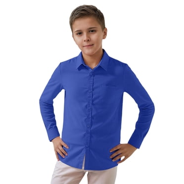 Hiiyo Chemise à Manches Longues pour Grands Garçons, Boutonnée, Couleur Unie, Chemise Décontractée à Col à Revers, Bleu