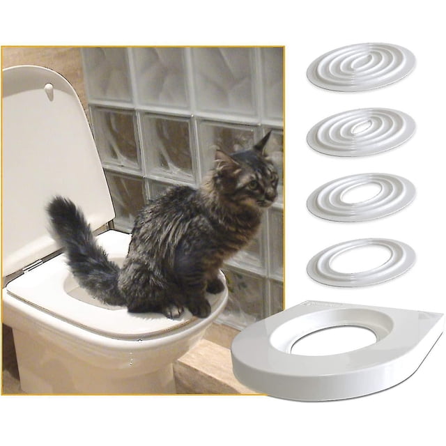 Trousse d'Entraînement pour Chat - Entraînez le Chat à Utiliser la Toilette par Geecy, Comprenant un Système d'Entraînement à la Toilette en Plusieurs Étapes avec des Plateaux en Plastique Blancs Conçus pour s'Adapter à Toutes les Formes de Siège de Toilette, Y Compris Ronds et Allongés. un Chat Est Montré Assis sur un Siège de Toilette avec la Trousse d'Entraînement Installée, Démontrant Son Utilisation. Comprend un design à Rainure pour un Retrait Facile du Plateau et une Grande Capacité de Charge, Convient aux Chats de Toutes Tailles et de Toutes Races.