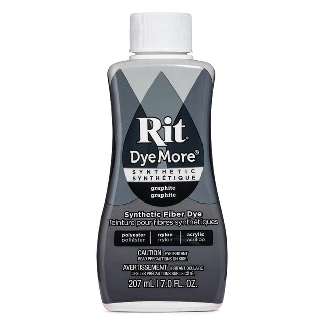 Rit Dyemore Liquid Dye for Synthetic Fibers in graphite grey, 207 ml (7 fl. oz.) bottle with white cap, formulated for dyeing polyester, nylon, and acrylic fabrics, featuring a curved rectangular shape and caution labels, ideal for custom fabric dyeing projects.