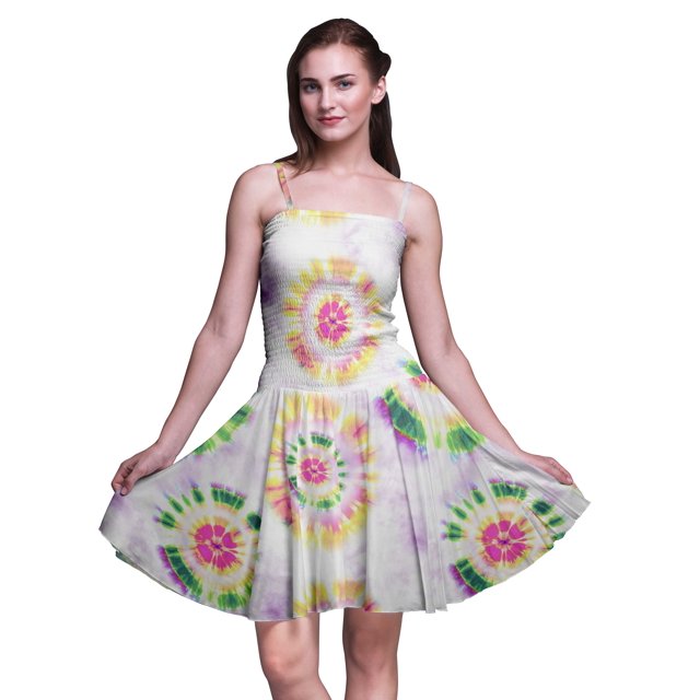 Bimba Robe d'Été Sans Manches Mini Fluide Teinture sur Nœuds pour Femme, Robe Soleil à Imprimé Floral - XX-Grand