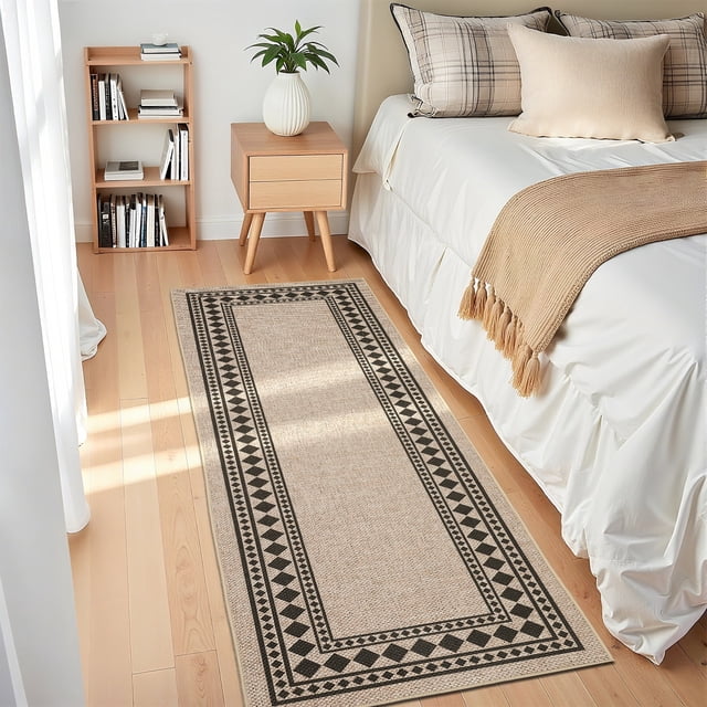Garvee 2'x6' Modern Bordered Rug Solid Runner Rug, Geometric Washable Rugs Stain Resistant Low Pile Rug Non Slip Indoor Outdoor Carpet for Hallway Bedroom Home Office, Jute