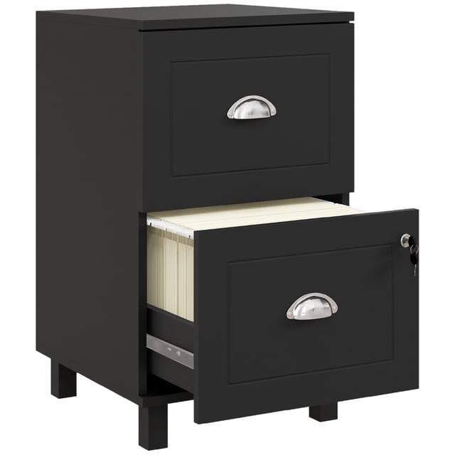 HOMCOM Lockable 2 Drawer File Cabinet with Hanging Bars for A4 and Letter. A black MDF cabinet featuring two drawers, one lockable with two keys for secure storage. The bottom drawer is open, showing hanging file folders. Designed with sleek lines, anti-tipping mechanism, and compact dimensions of 15.7 inches wide, 16.3 inches deep, and 26.6 inches high. Suitable for organizing A4 and letter-sized files in office spaces.
