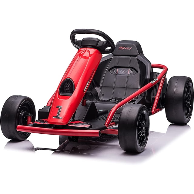VOLTZ TOYS Electric GoKart, 24V Outdoor Racer Drifter Go Kart Drift Car for Kid and Adult, designed for powered ride-on fun. Features a vibrant red metal frame, ergonomic seat with safety belt, dual motors, and a 24V rechargeable battery. Front rubber tires ensure stability, while rear plastic tires enable thrilling drifts. Ideal for ages 6–12, supports up to 132 lbs.