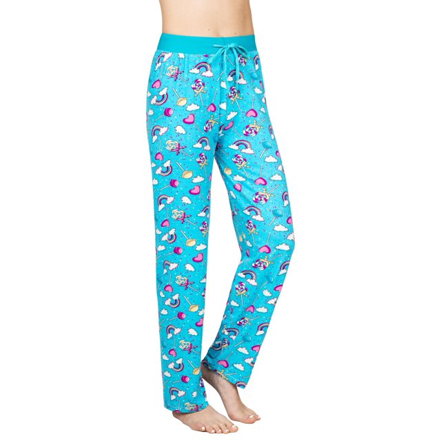 Victorias Collection Pantalon de Pyjama pour Femmes, Bas de Détente et de Nuit avec une base Bleu Vif et des Imprimés Ludiques d'Arcs-en-Ciel, de Sucettes, de Cœurs et de Nuages. Ces Pantalons de Pyjama Ont une Taille turquoise Extensible avec un Cordon de Serrage Ajustable pour un Ajustement Personnalisé. Fabriqués en Mélange Doux polyester/spandex, Ils Sont Conçus pour le Confort et la Durabilité, Idéals pour Se Détendre Ou Dormir. Leur Conception Pleine Longueur Assure Couvrance et Chaleur.